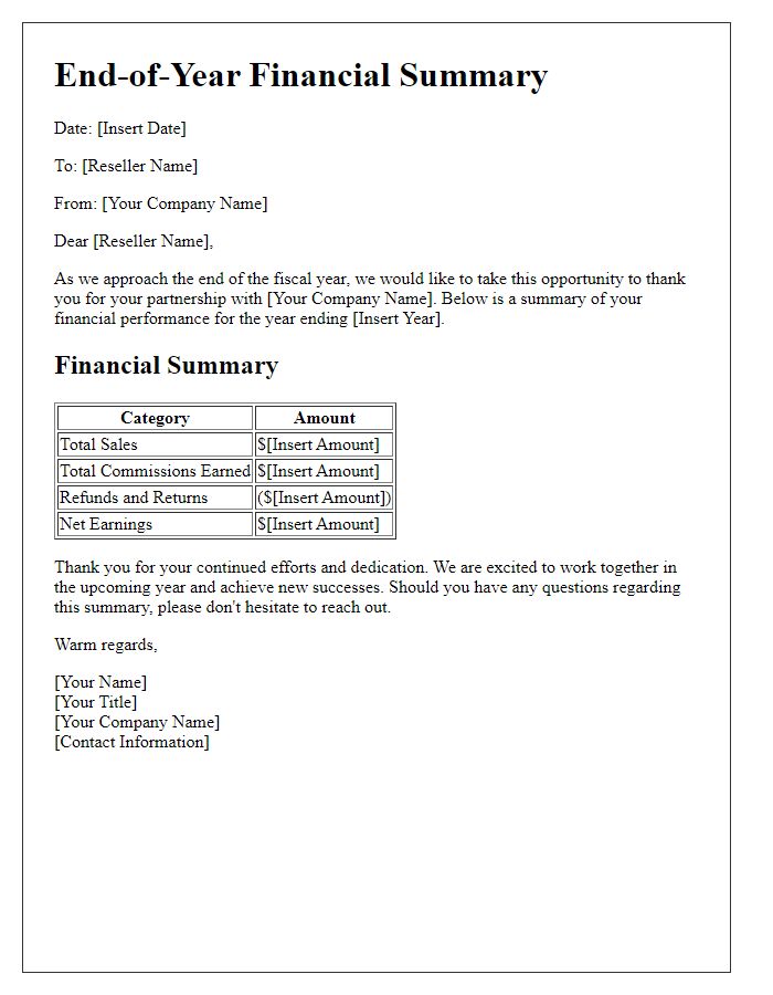 Letter template of end-of-year financial summary for resellers