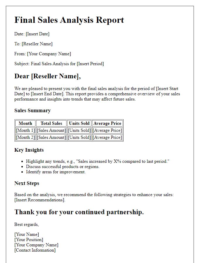 Letter template of final sales analysis for resellers