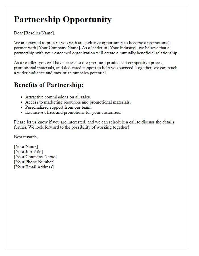 Letter template of reseller promotional partnership opportunity