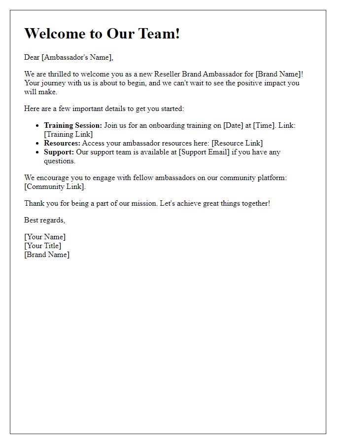 Letter template of onboarding communication for new reseller brand ambassadors