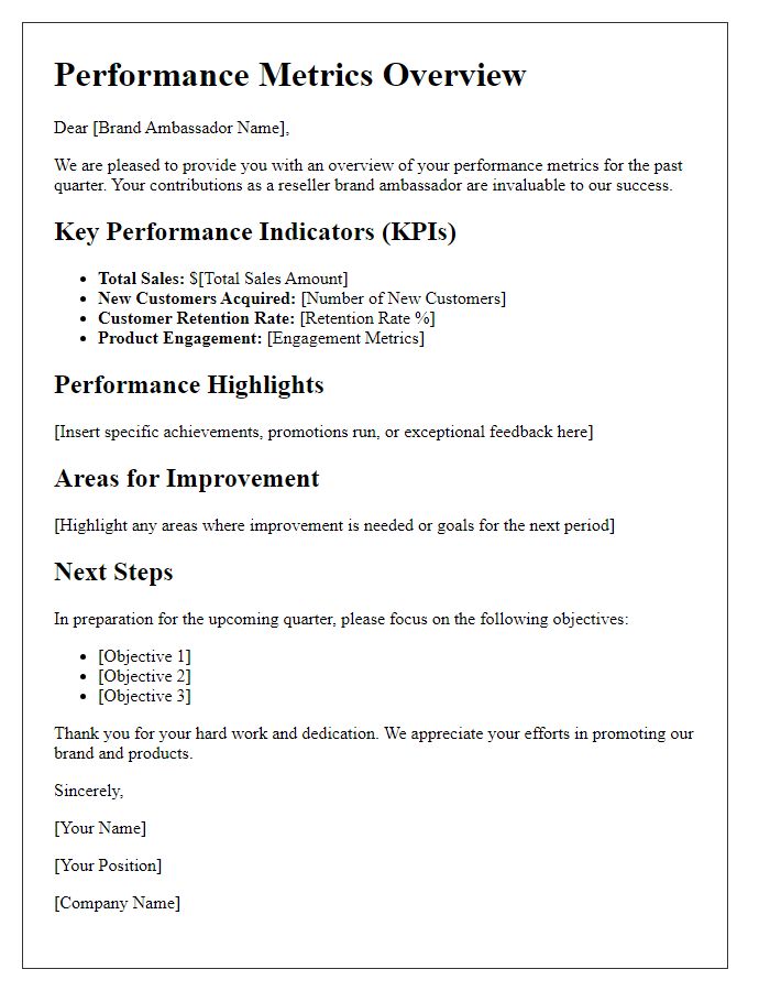 Letter template of performance metrics overview for reseller brand ambassadors