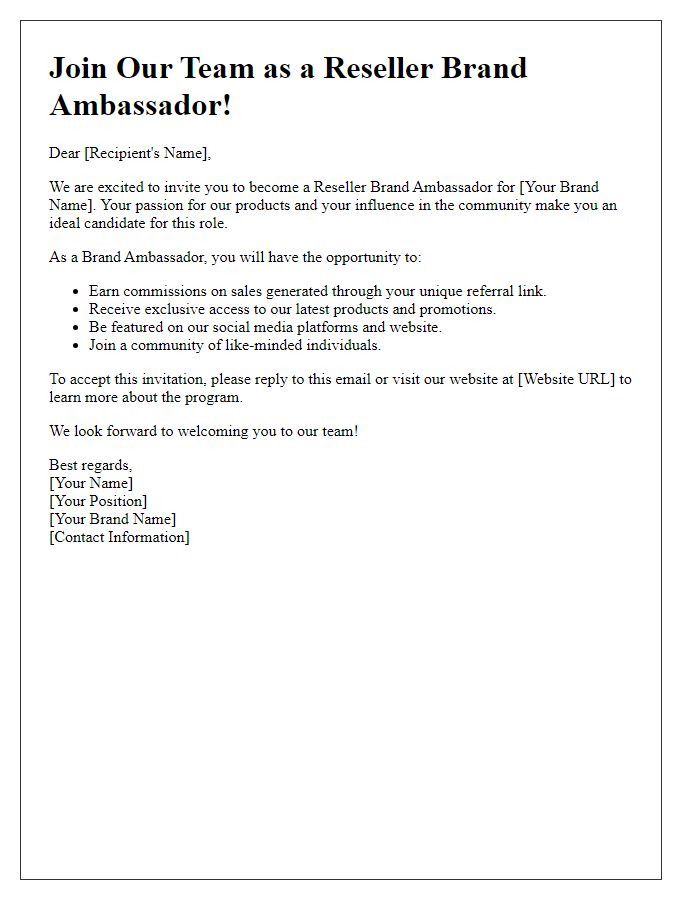 Letter template of recruitment invitation for reseller brand ambassadors