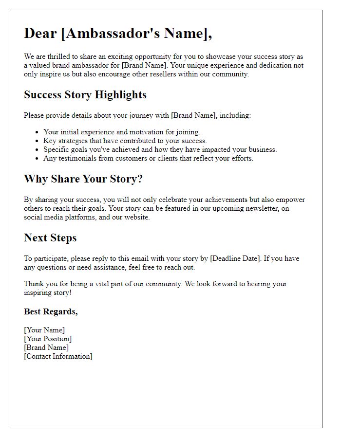 Letter template of success stories showcase for reseller brand ambassadors