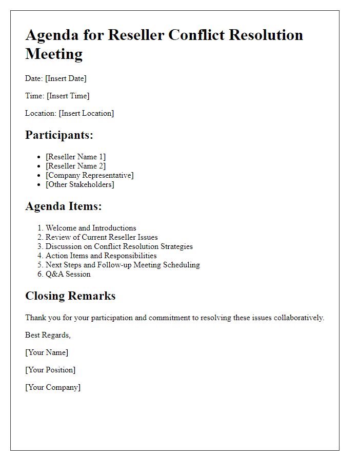 Letter template of agenda for reseller conflict resolution meeting.