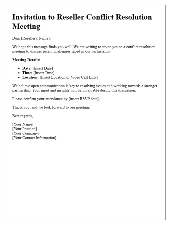 Letter template of invitation for reseller conflict resolution meeting.