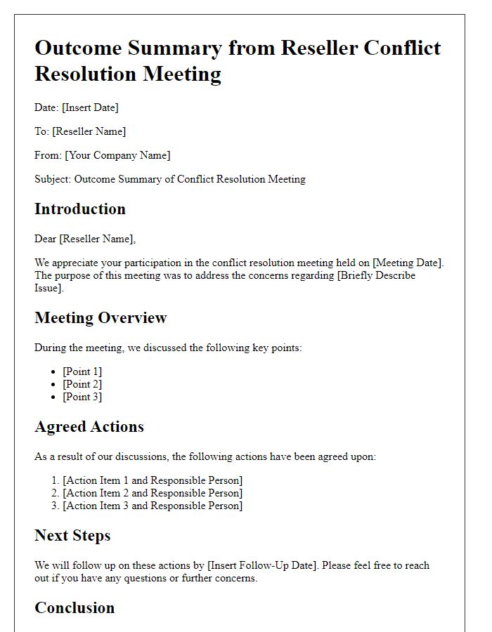 Letter template of outcome summary from reseller conflict resolution meeting.