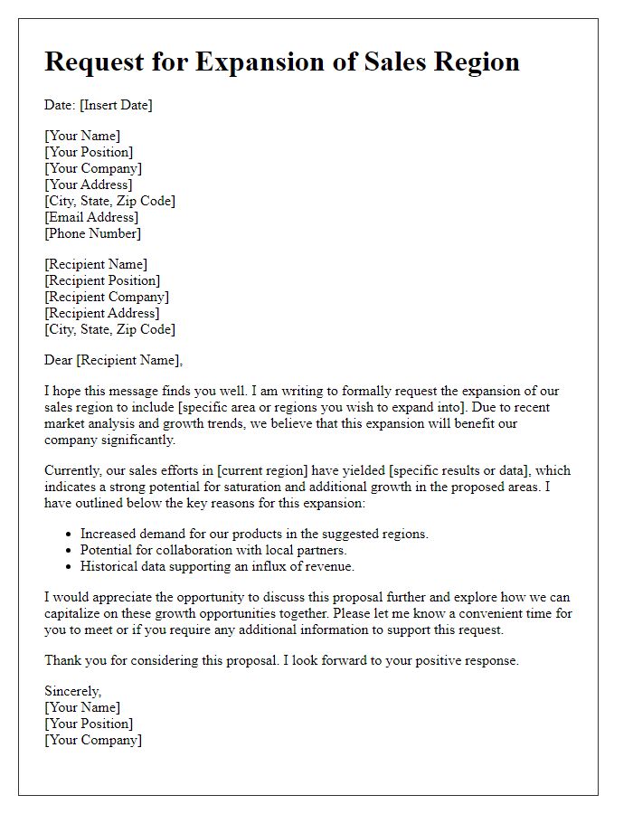 Letter template of Request for Expansion of Sales Region