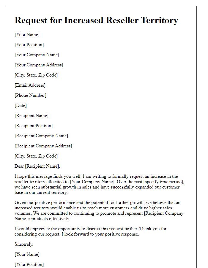 Letter template of Request for Increased Reseller Territory