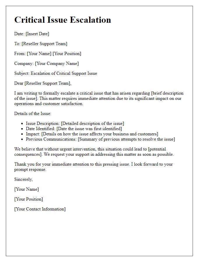 Letter template of critical issue escalation for reseller support