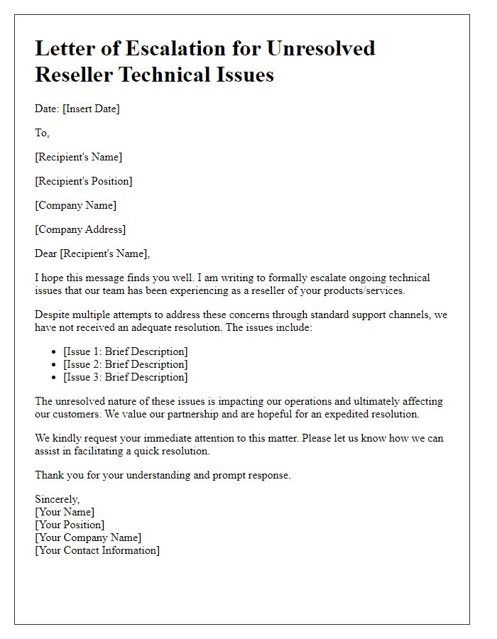 Letter template of escalation for unresolved reseller technical issues