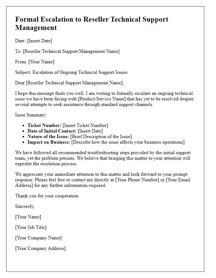 Letter template of formal escalation to reseller technical support management