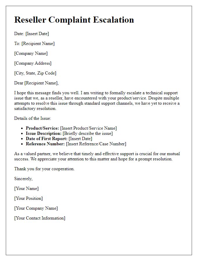 Letter template of reseller complaint escalation for technical support