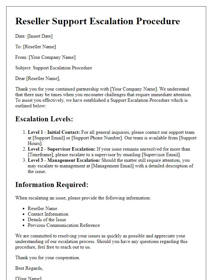 Letter template of reseller support escalation procedure