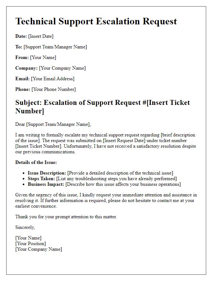 Letter template of reseller technical support escalation request