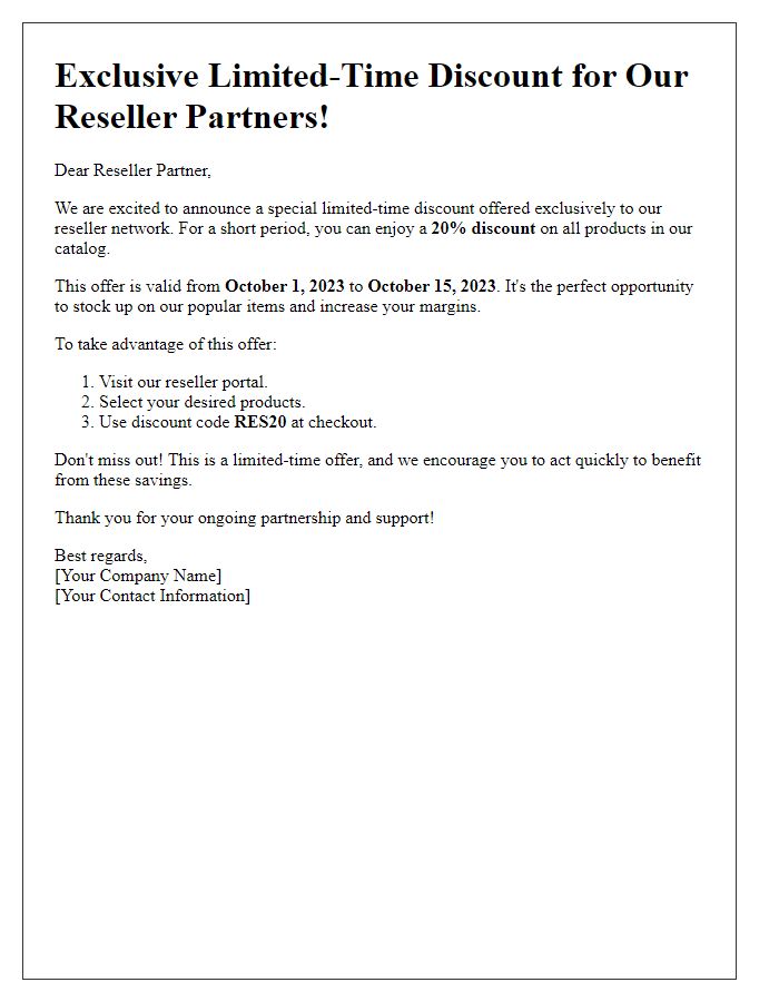 Letter template of limited-time discount for reseller network