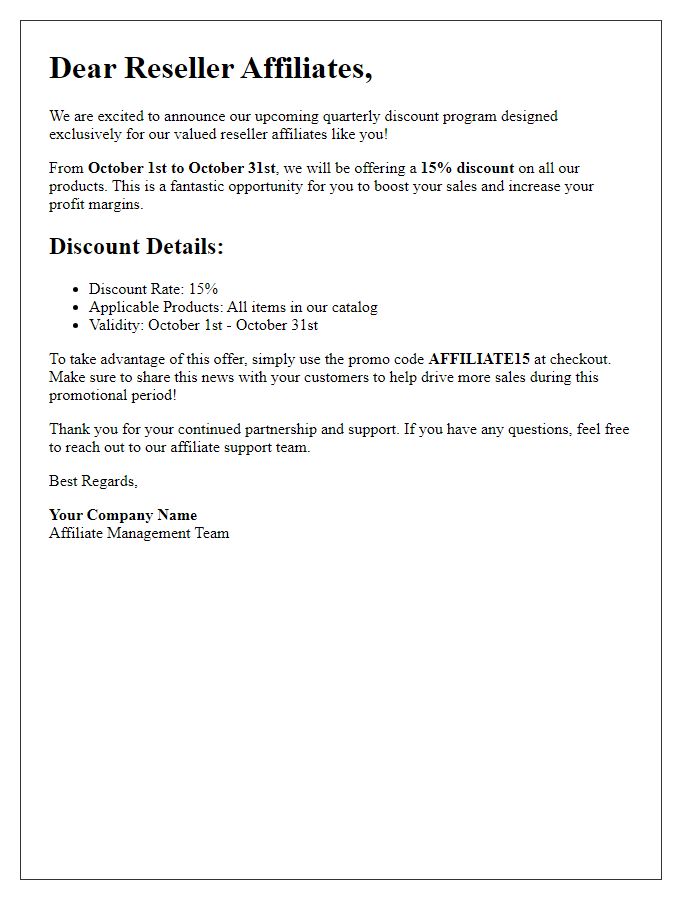 Letter template of quarterly discount announcement for reseller affiliates