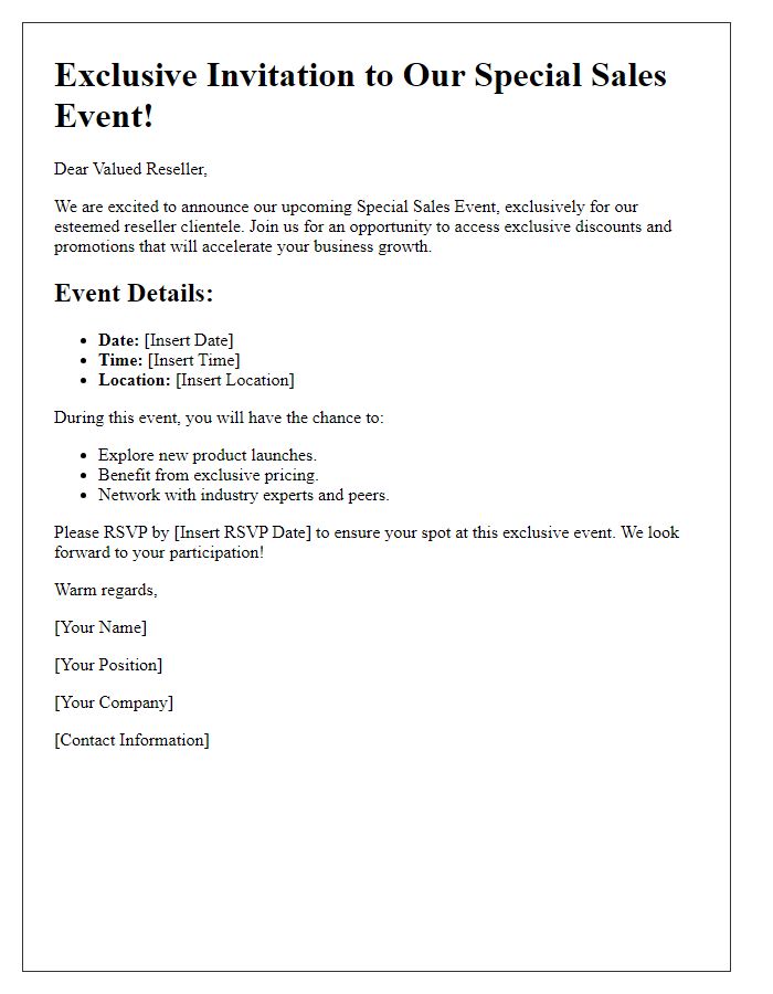 Letter template of special sales event for reseller clientele