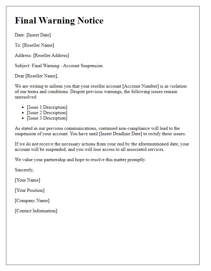 Letter template of final warning for reseller account suspension