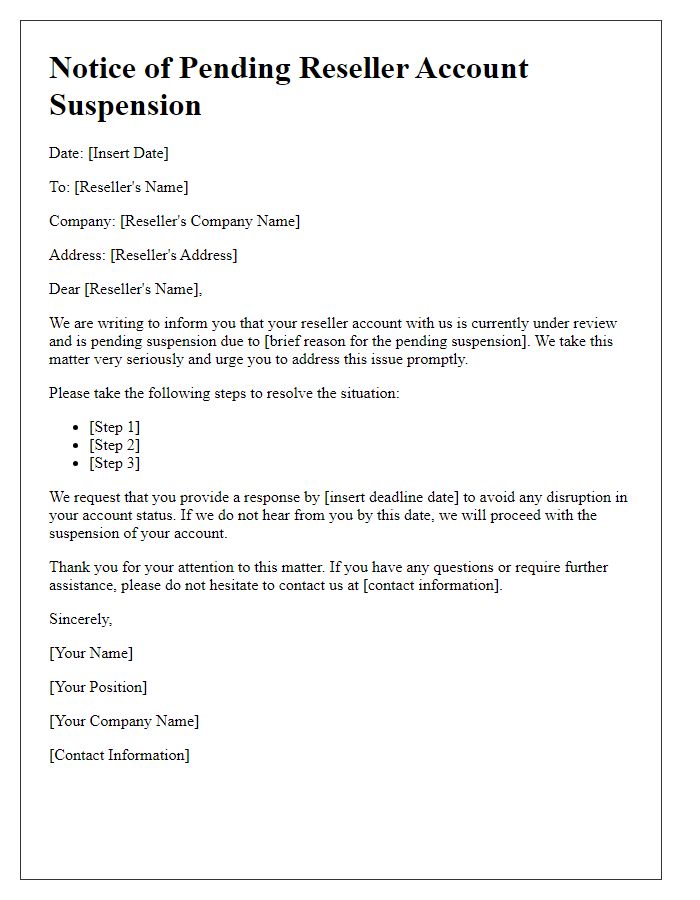 Letter template of notice for pending reseller account suspension