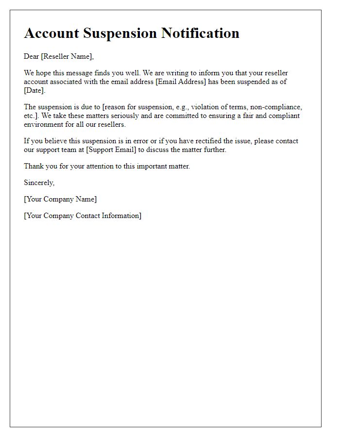 Letter template of reseller account suspension alert