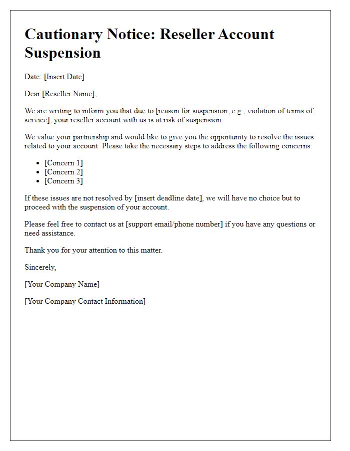 Letter template of reseller account suspension cautionary notice