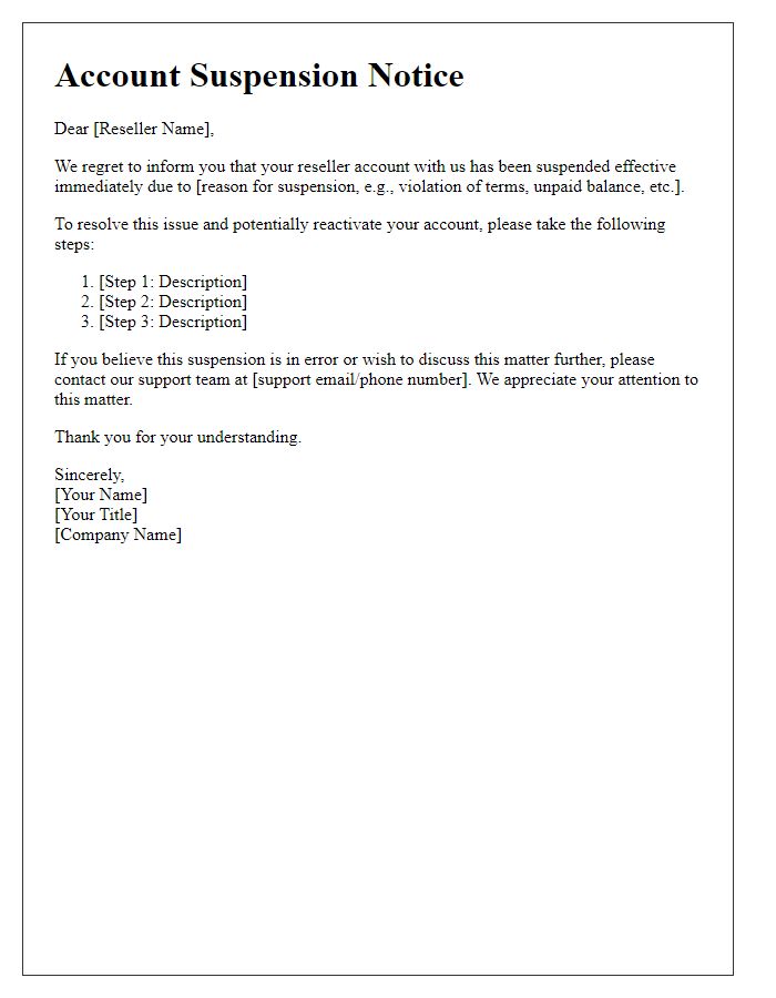 Letter template of reseller account suspension correspondence