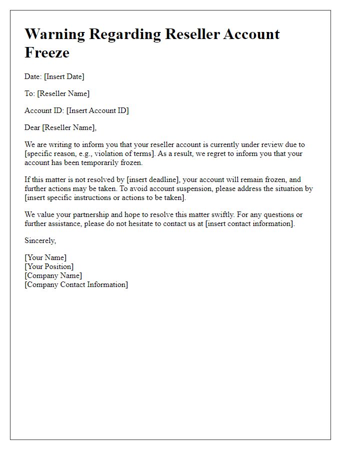 Letter template of warning regarding reseller account freeze