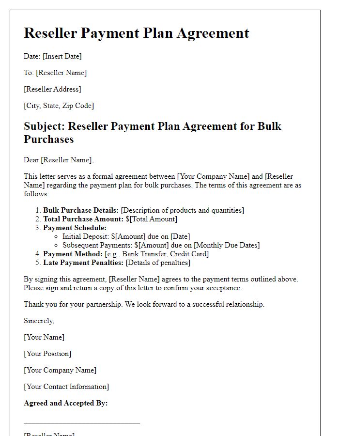 Letter template of Reseller Payment Plan Agreement for Bulk Purchases