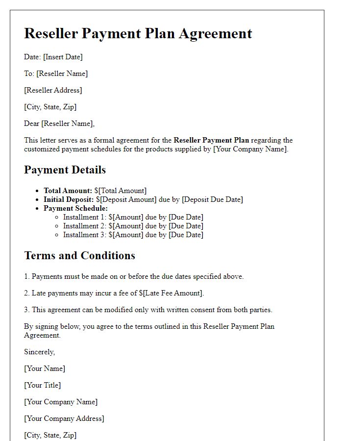 Letter template of Reseller Payment Plan Agreement for Customized Payment Schedules