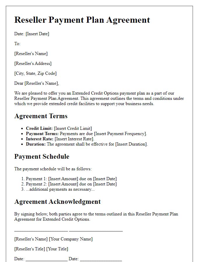 Letter template of Reseller Payment Plan Agreement for Extended Credit Options