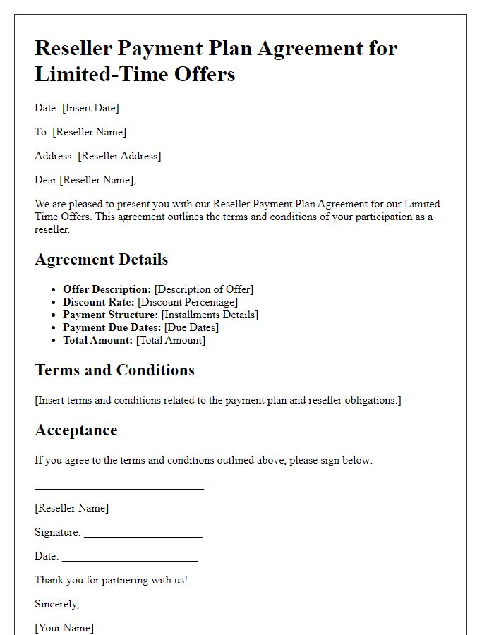 Letter template of Reseller Payment Plan Agreement for Limited-Time Offers