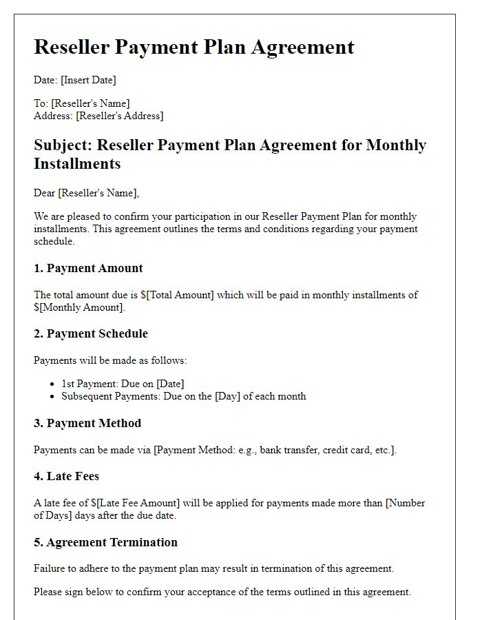 Letter template of Reseller Payment Plan Agreement for Monthly Installments