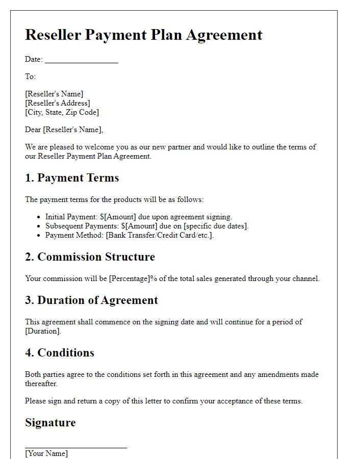 Letter template of Reseller Payment Plan Agreement for New Partnerships