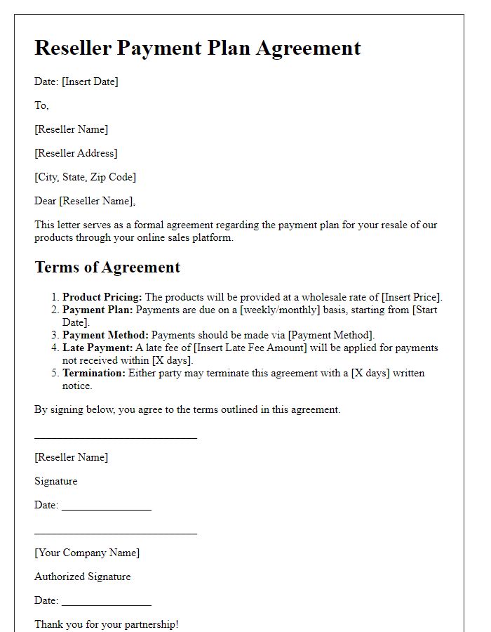 Letter template of Reseller Payment Plan Agreement for Online Sales