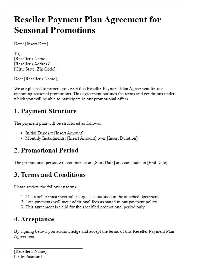 Letter template of Reseller Payment Plan Agreement for Seasonal Promotions