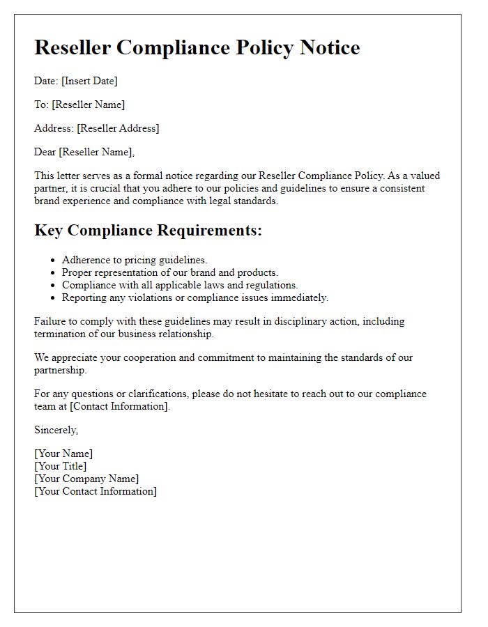 Letter template of reseller compliance policy notice