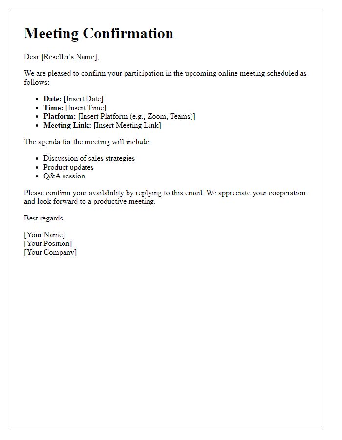 Letter template of confirmation for reseller online meeting