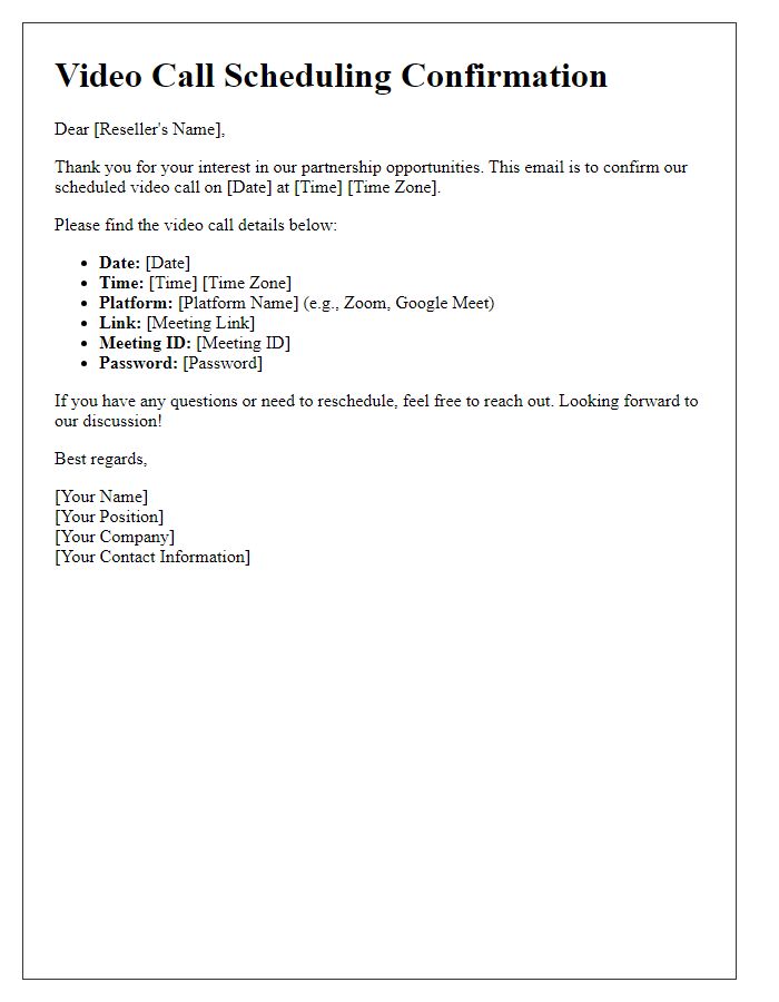Letter template of reseller video call scheduling confirmation
