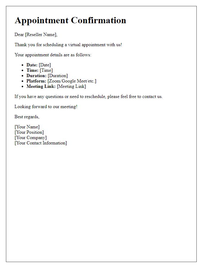 Letter template of reseller virtual appointment confirmation