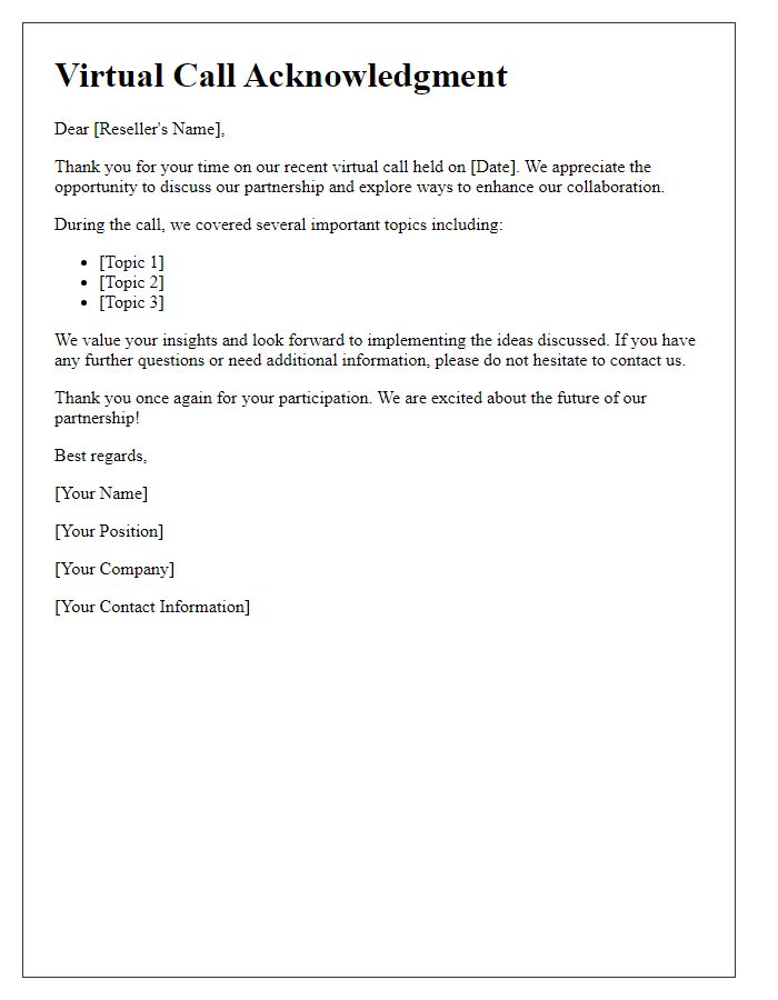 Letter template of reseller virtual call acknowledgment