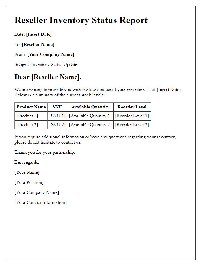 Letter template of reseller inventory status report