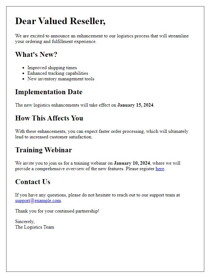 Letter template of reseller logistics enhancement announcement