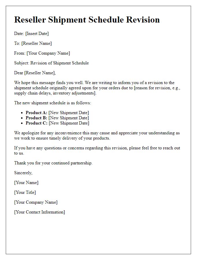 Letter template of reseller shipment schedule revision