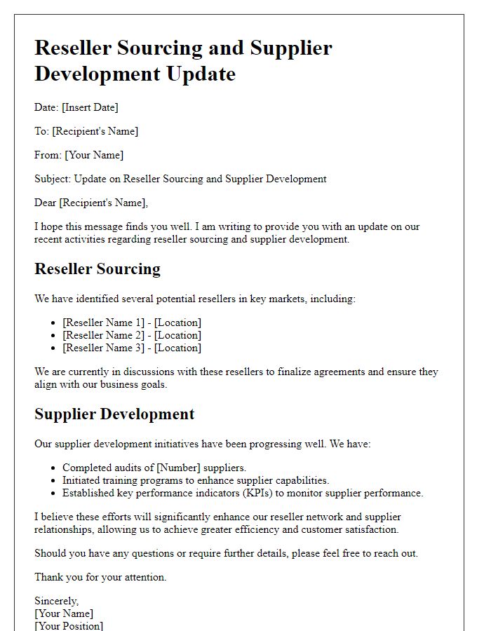 Letter template of reseller sourcing and supplier development update