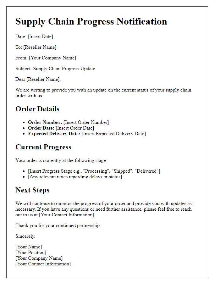 Letter template of reseller supply chain progress notification