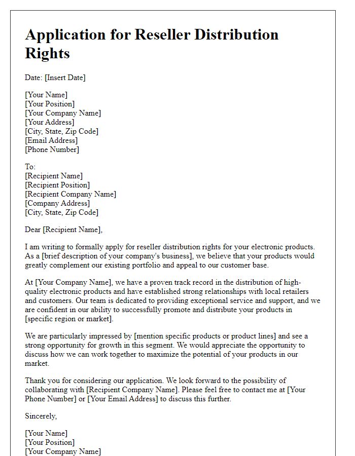 Letter template of reseller distribution rights application for electronic products.