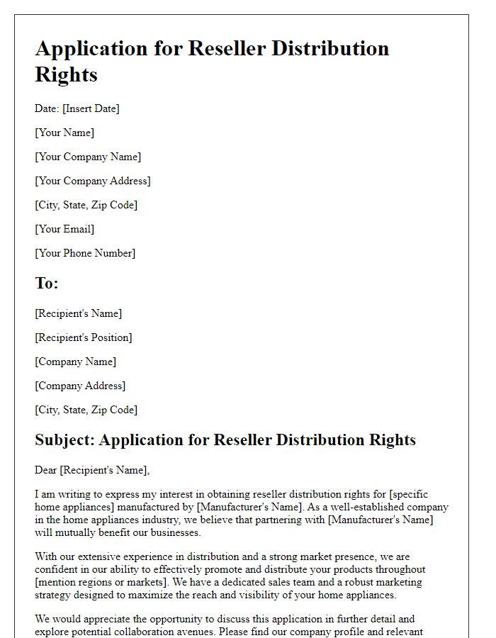 Letter template of reseller distribution rights application for home appliances.