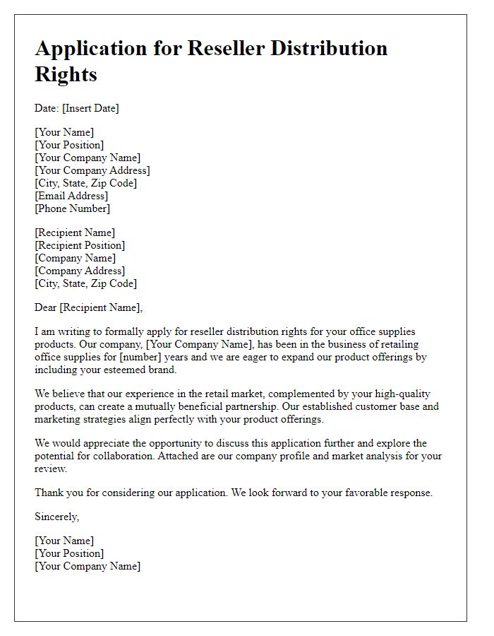 Letter template of reseller distribution rights application for office supplies.