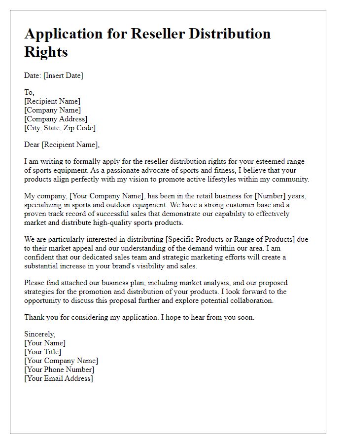 Letter template of reseller distribution rights application for sports equipment.