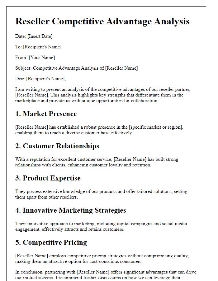 Letter template of reseller analysis of competitive advantages